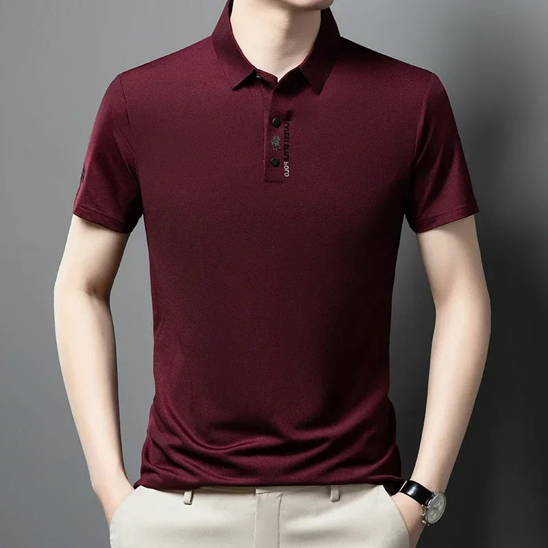 Camisa Polo Casual Bordada De Manga Curta, Seda Gelo, Leve e Respirável